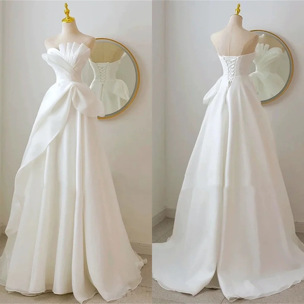 Customized Exquisite White Chiffon Evening Dress Temperament Strapless Sleeveless Lace Up Back Sweep Train Homecoming Dress
