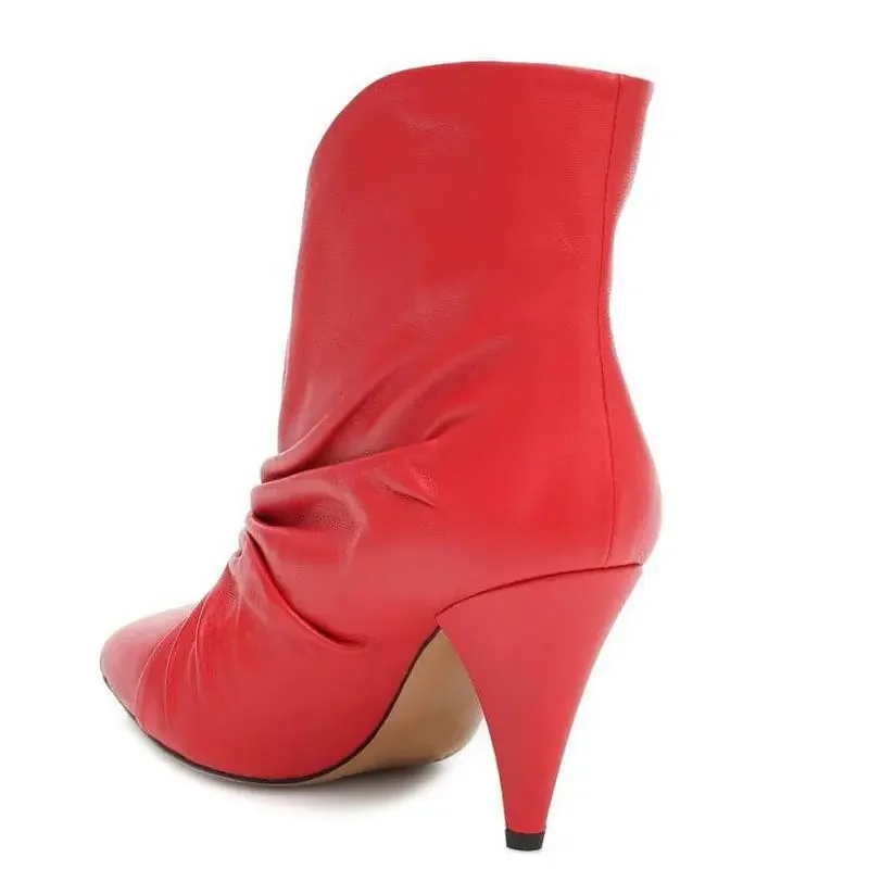 Pleated Ankle Boots Spike Heel Sexy Pointed Toe Slip On Dress Ladies Runway Booties Leather Solid Red Black White Boots