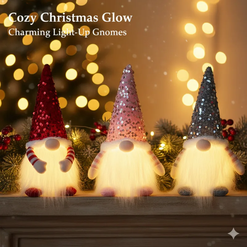 

Christmas Sequin Faceless Santa LED Light Up Gnome Doll Holiday Fun Table Ornament Glitter Decoration Xmas Home Party Gifts New