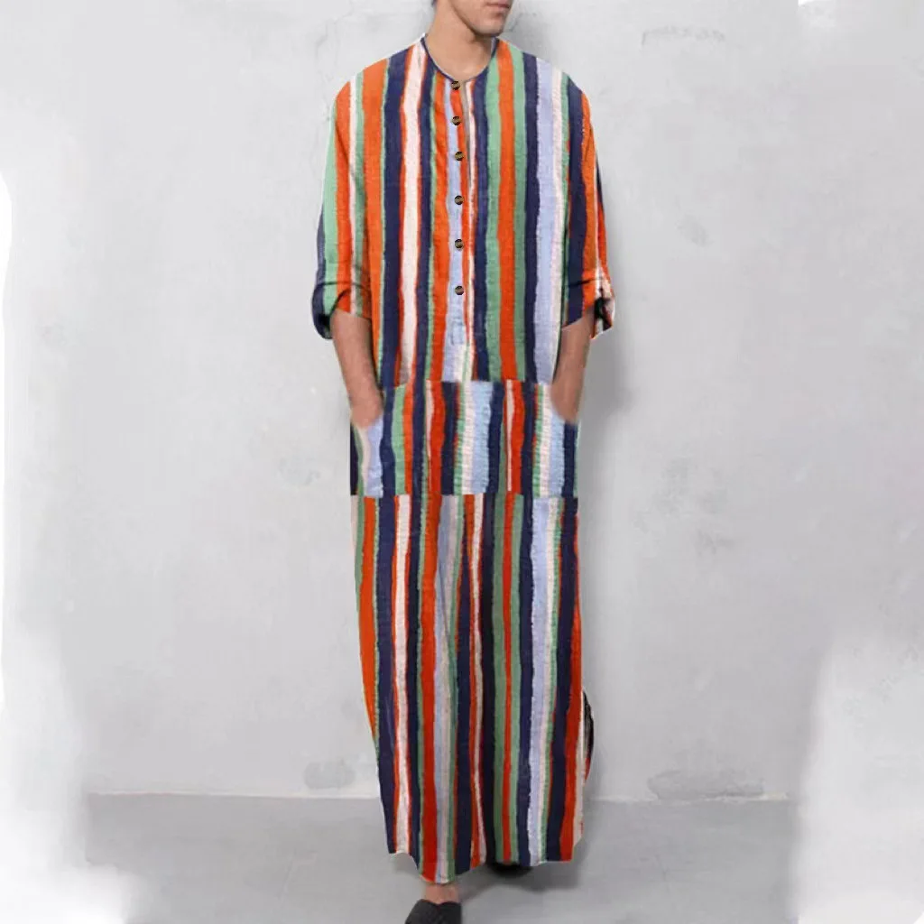 Luxury Men's Colourful Printing Striped Kaftan Muslim Robe Arabic Buttons Loose Tuic Tops Muslim Robe Men for Middle East Arabic