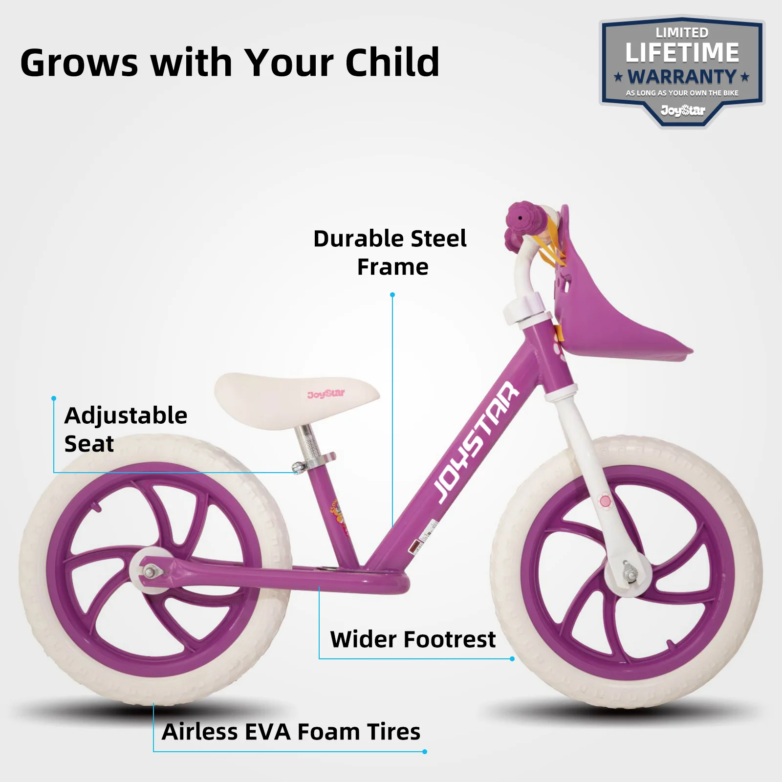 JOYSTAR 12/14 Inch Kids Balance Bike for 18months-5 Years, Lightweight Toddler Balance Bikes with Footrest and Handlebar, Purple