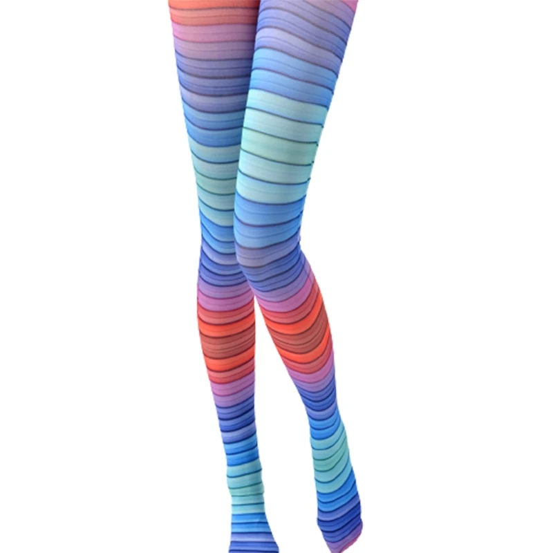 Women Gradient Rainbow Striped Printed Pantyhose Harajuku Colorful Patterned Skinny Leggings Lolita Jacquard Tattoo Footed