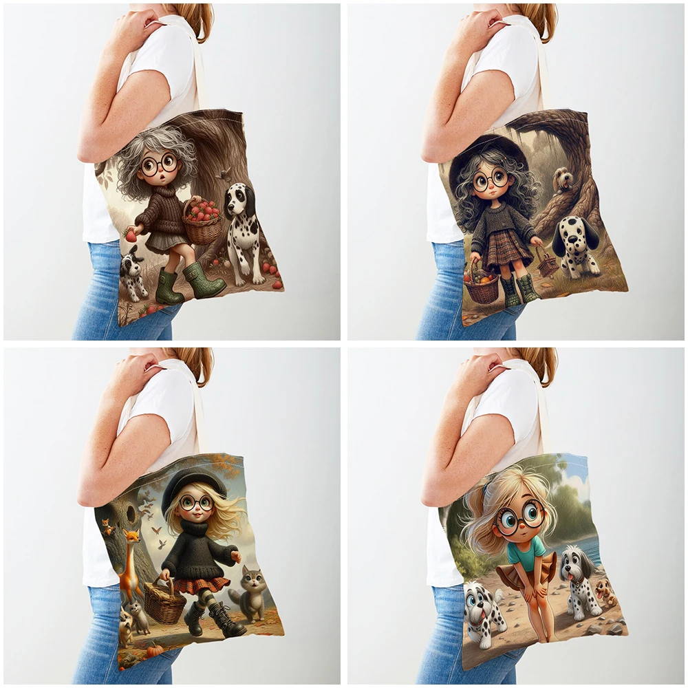 Canvas Women Shopper Bag Cute Cartoon Girl Shopping Bags Double Print Reusable Foldable Children Gift Travel Lady Tote Handbag