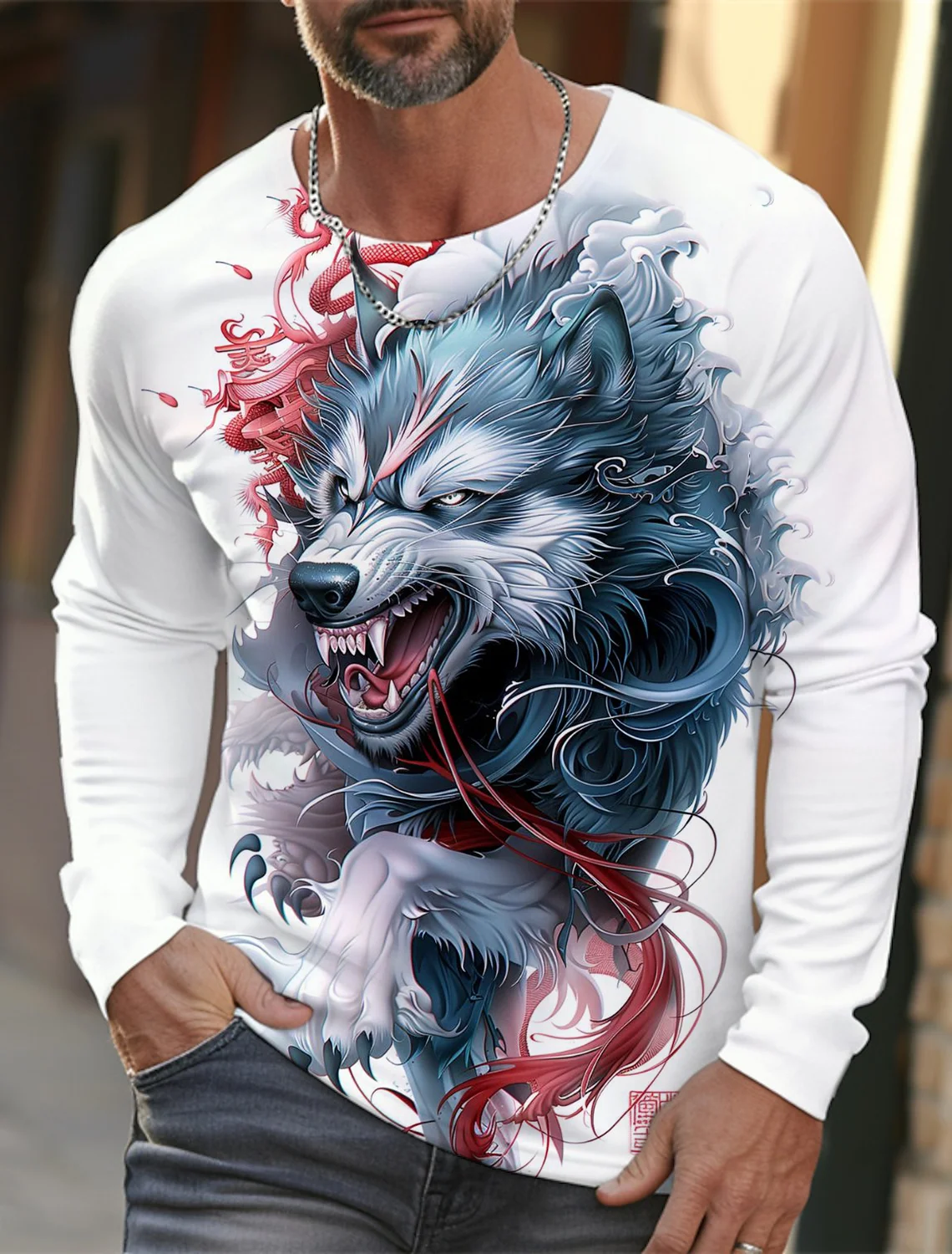 2024 New men's Ukiyoe long-sleeved T-shirt 3d Printed high-definition Wolf Print men's Autumn Top Casual Round Neck T-shirt