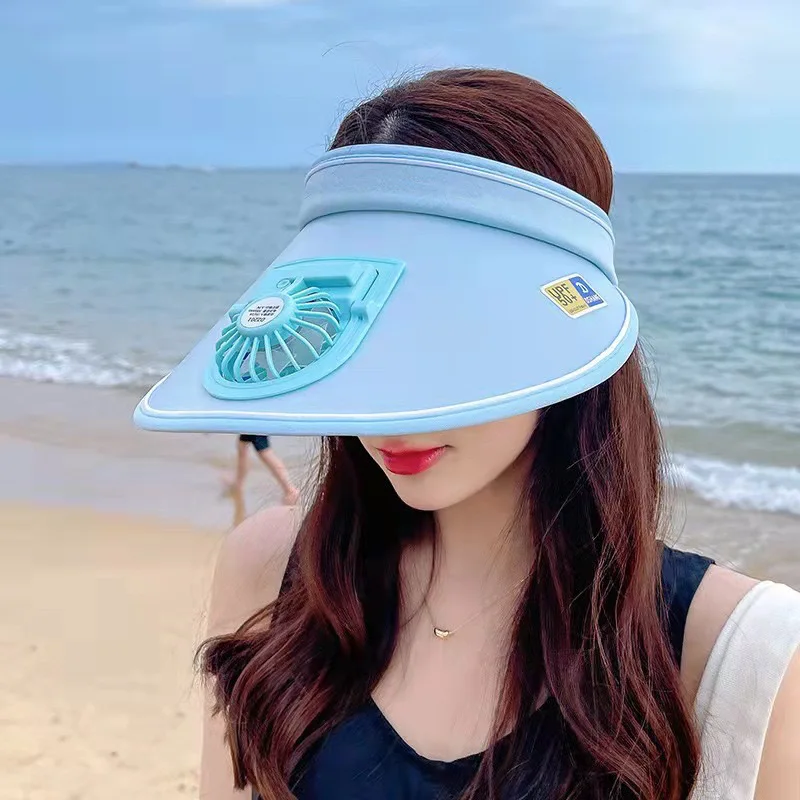 1 cool hat with a large brim fan cap 3 levels of wind power adjustable angle, windproof belt for outdoor leisure and cool summer