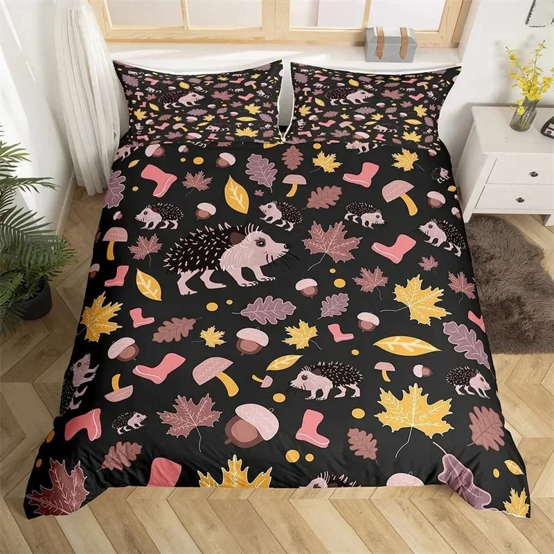 

Пододеяльник с мультяшными животными, комплект постельного белья с милым ежиком, ботанический цветок, листья, пододеяльник, пододеяльник с лесными животными