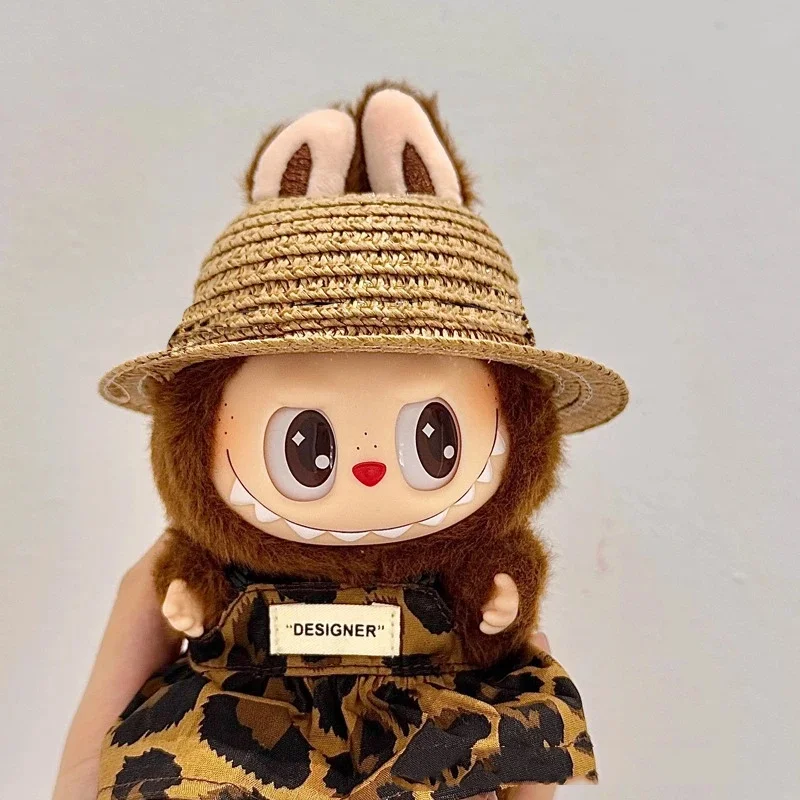Vestido de bebé Labubu de 17 cm - para la primera, segunda y tercera generación - sentado - vestido Labubu con estampado de leopardo - falda - sombrero de paja - d