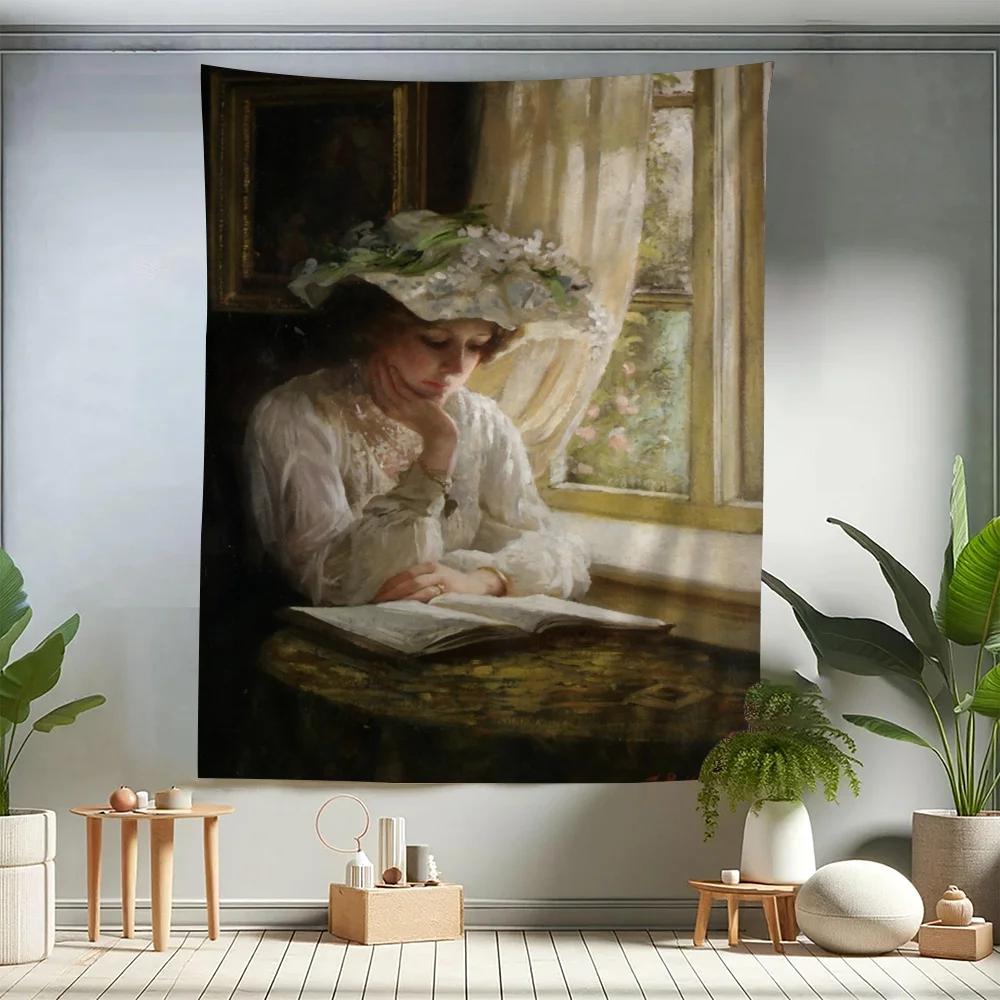 Victorian Woman Reading Elegant Portrait Printed Large Wall Tapestry Indian Buddha Wall Decoration Witchcraft Bohemian Hippie