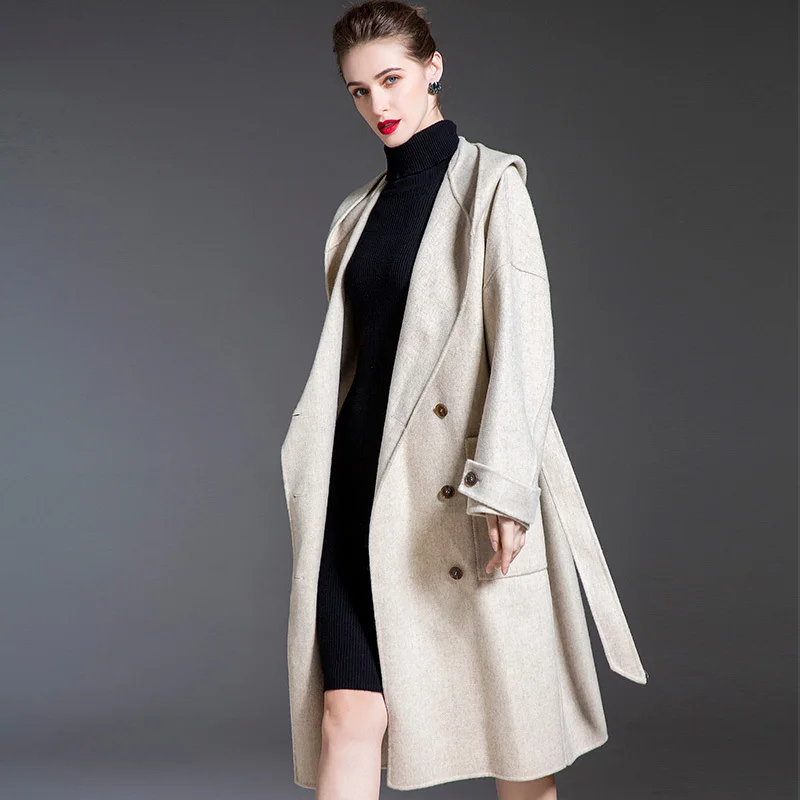 2024 Lady Winter Long Wool Coat Hooded Cashmere Jacket Top Quality Fashion Luxury Women's Outwear New