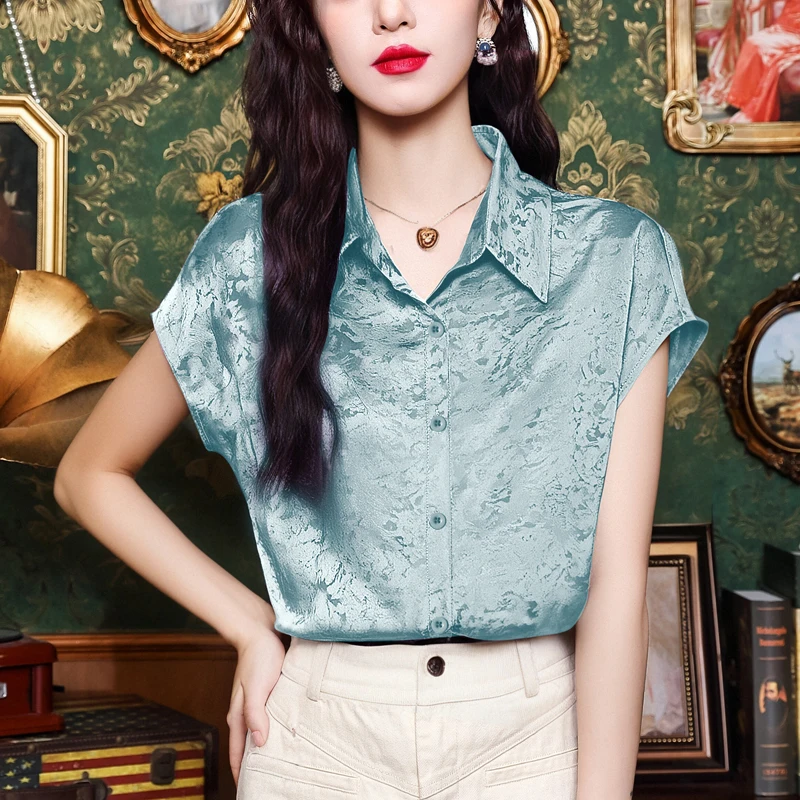 2025 Summer New Women's Shirt Blue Satin Jacquard Flying Sleeve Blouse Luxury Women's Clothing OL Single Breasted Women's Shirts