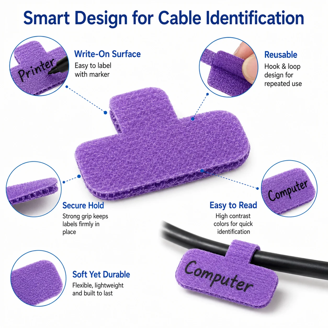 24PCS Colorful Cable Labels Write On Cord Tags Hook Loop Wire Organizer for Computer Charger Network Cords