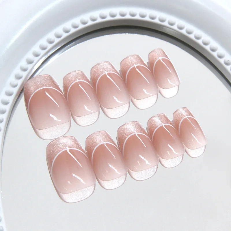 

24 Pcs French Cat Eye False Nails with Tools Gradient Nail Tips Sweet Korean press on Nails for Women Short Prosthetic Nail Set