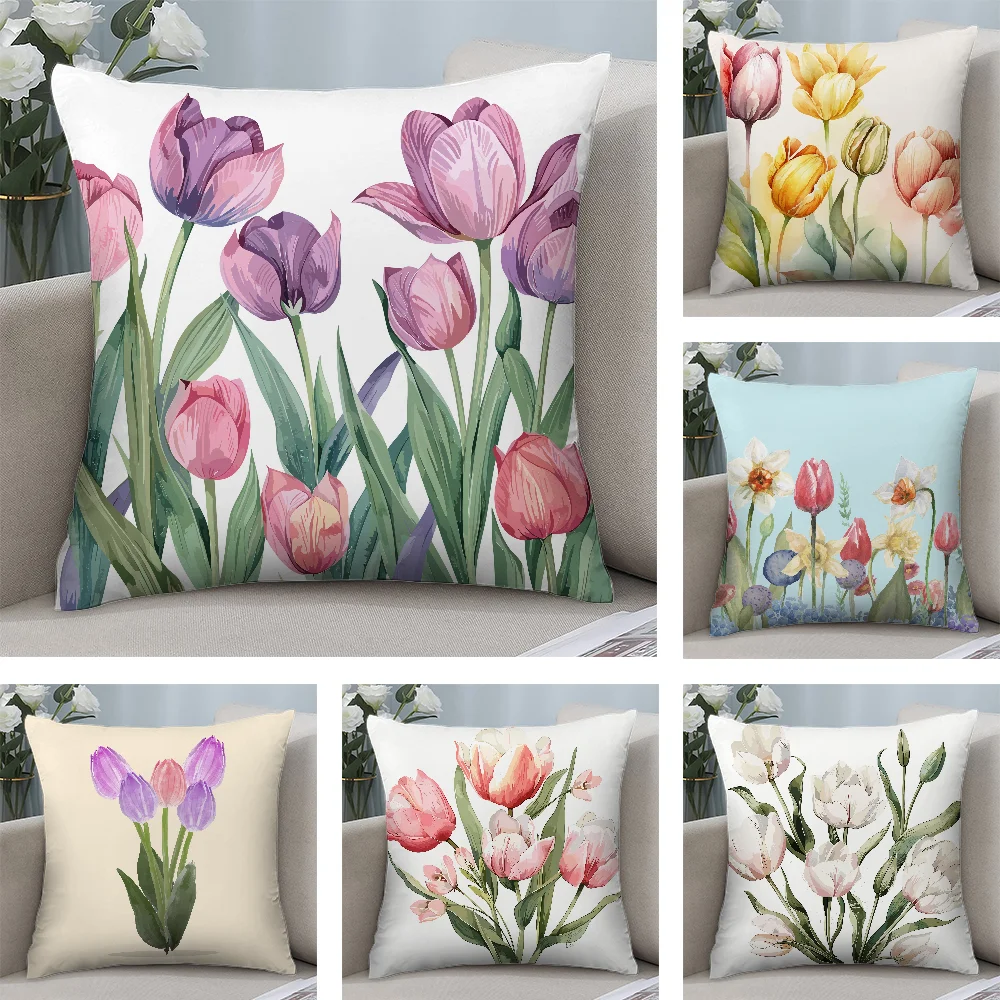 Watercolor Tulip Painting Pillow Case Short Plush Pillow Covers Sofa Decorative Gift Home Double-sided Printing Cushion Cover