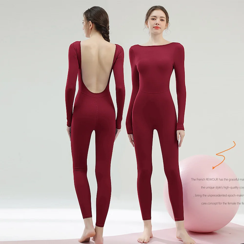 

Женский комбинезон с большой U-образной спинкой и длинными рукавами, с подушкой на груди, облегающий цельный комбинезон для фитнеса и спорта