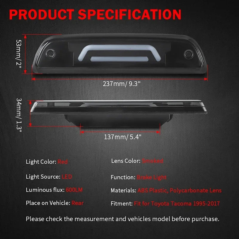 1pc Car Rear LED Third Brake Light Tail Lamp for Toyota Tacoma 1995-2023