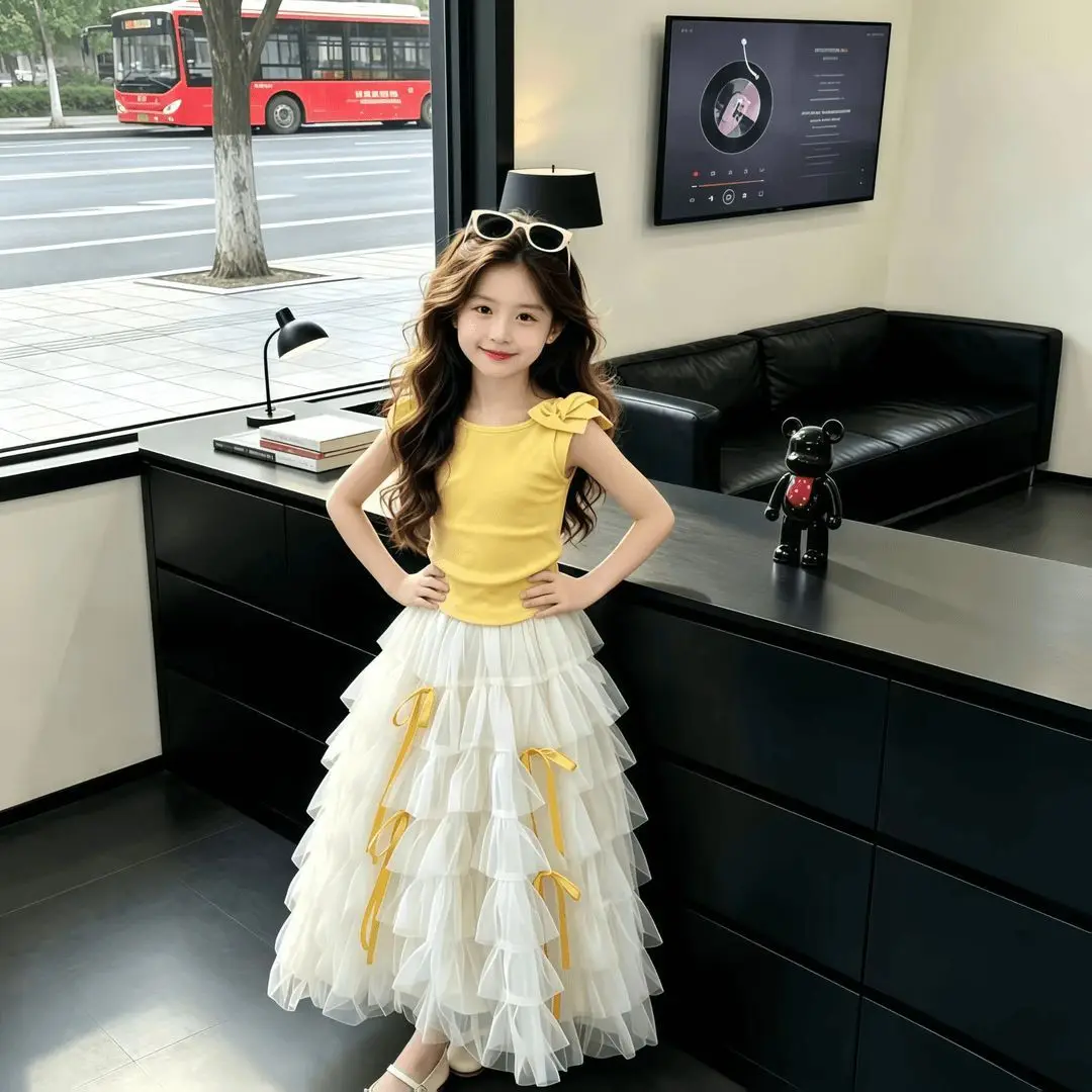 

Girls Summer Set Children's Fashionable Two-Piece Set Korean Style Sweet Sleeveless Tulle Skirt Trendy Outfit for Kids