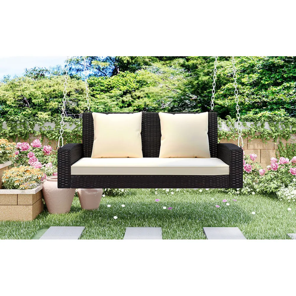 الذهاب 2-شخص الخوص معلقة الشرفة سوينغ سلاسل وسادة وسادة الروطان سوينغ مقعد حديقة الفناء الخلفي بركة (وسادة الخوص البني البيج) #6