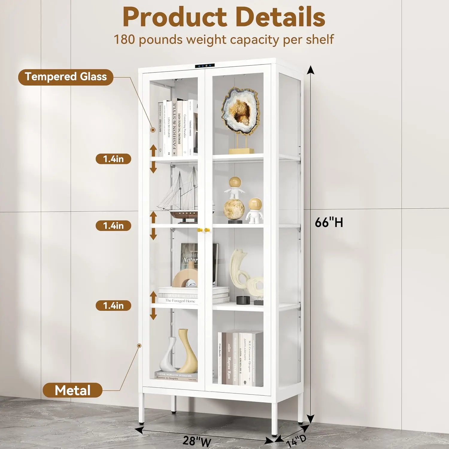 White Glass Display Cabinet 8-Color LED Light Collectibles Storage 66