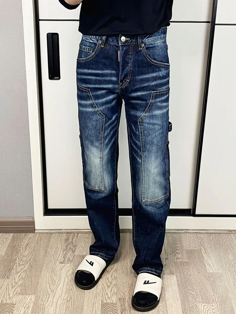 

Loose Comfortable Straight Leg Men's Jeans Deep Blue Washed Denim High Waist Long Pants Fashion Urban Style All Seasons