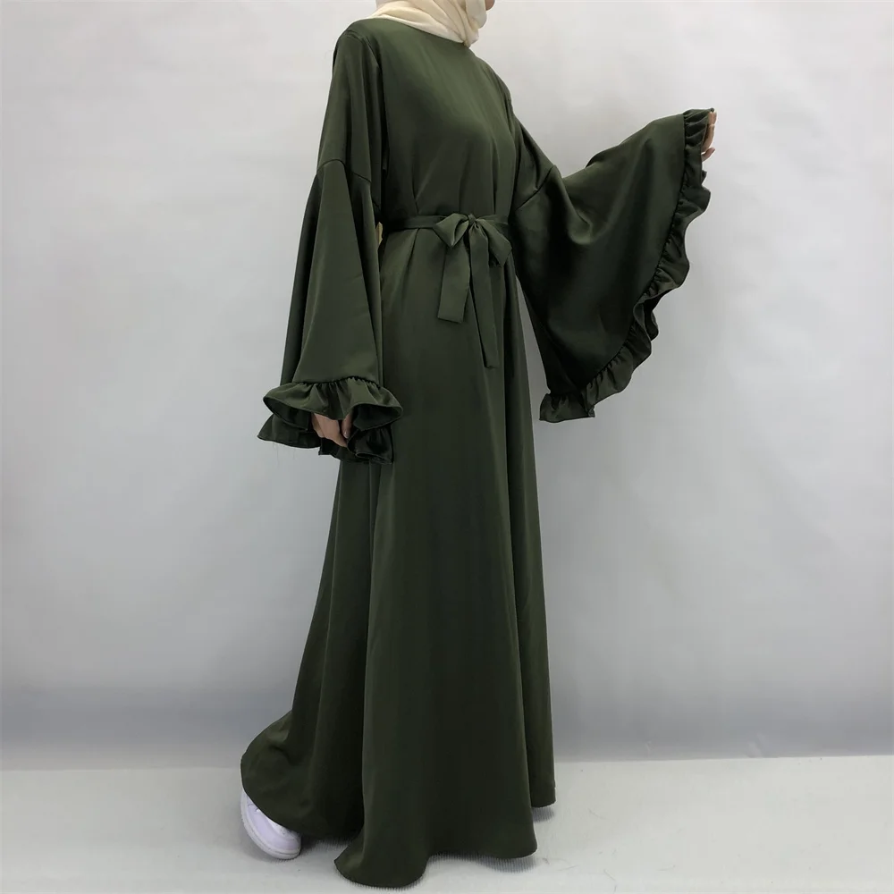 Dubai Flowy Abaya Big Ruffle Sleeve abbigliamento islamico donne musulmane Zip Maxi Dress Flare Cuff Modest Shiny Soft Velvet Satin Cloth