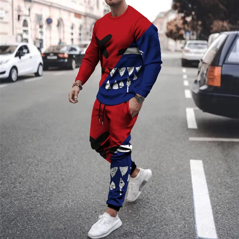 Camiseta de manga larga con estampado 3d para hombre, conjunto de 2 piezas, pantalones de chándal informales de manga larga, Retro, novedad de verano