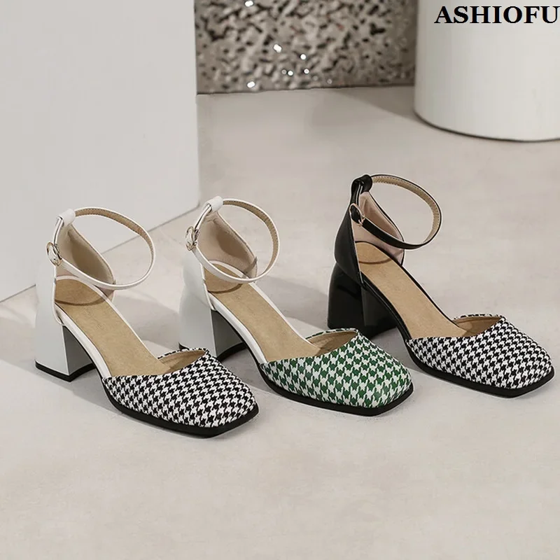 ASHIOFU اليدوية الجديدة رائجة البيع المرأة حذاء بكعب سميك مضخات الكاحل حزام D'orsay نمط أحذية الصيف مساء موضة حفلة موسيقية أحذية مثيرة