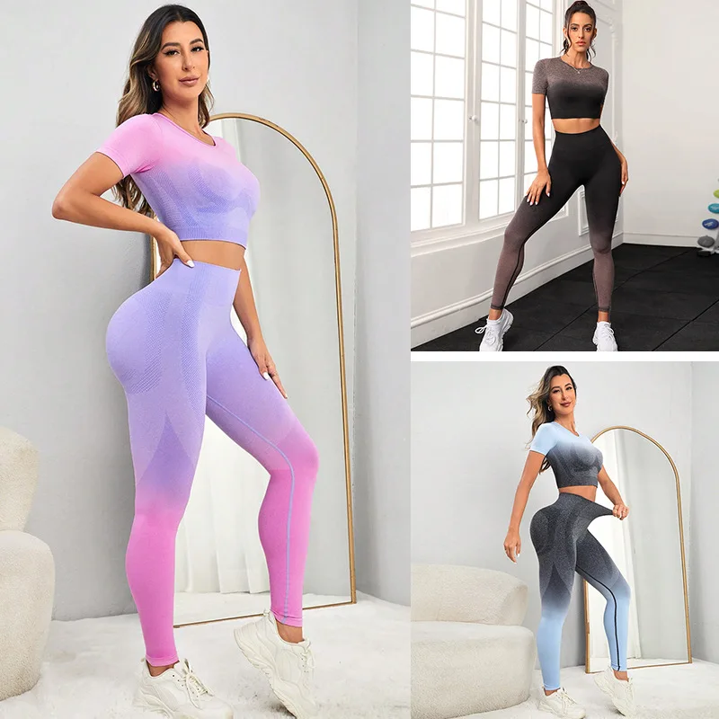 Women Leggings Push Up  Sexy Fitness Full Set Gradient Color Yoga Set High Waist Long Pants Hip Lifting Training Sports Pants