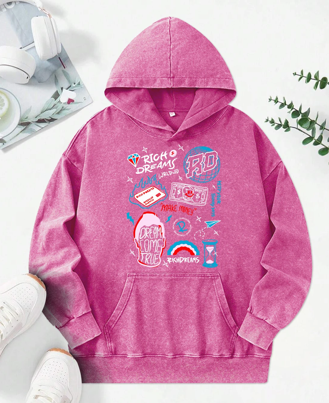 Make Money Creative Illustration Prints Female Hoodies Fashion Loose Hoody Casual Cotton Sweatshirt All-Match Casual Sportswear