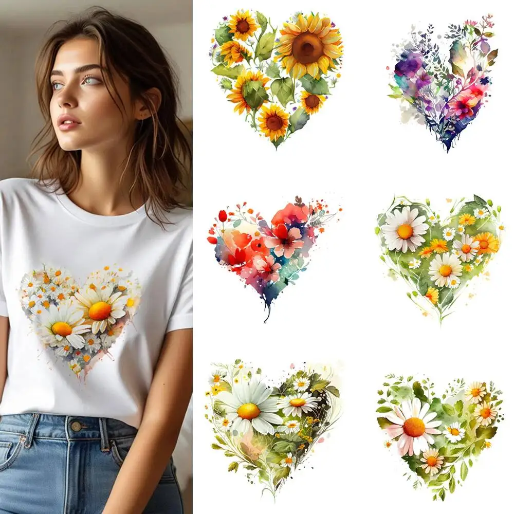 25CM Rose Daisy Flower Heart Love Shape Heat Transfer Patches For Clothes DIY A-Level Washable Shirt Iron-on Thermal Sticker
