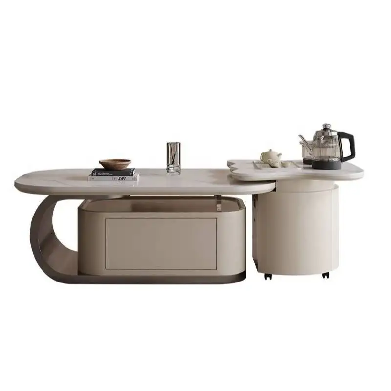 طاولات قهوة بيج بتصميم كلاسيكي، تخزين مخفي، طاولة قهوة بتصميم ياباني، أثاث منزلي حديث باللون الأبيض ميسا دي سنترو سالا
