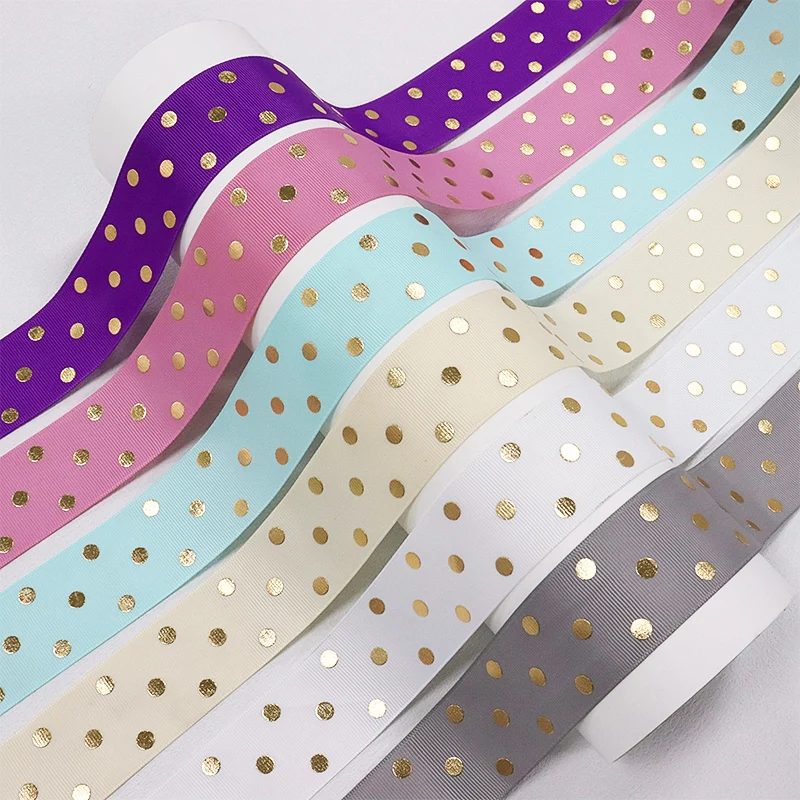 Wholesale 10Yards 38mm Gold Foil Polka Dots Printed Grosgrain Ribbon For Accessory Headwear Decoration DIY