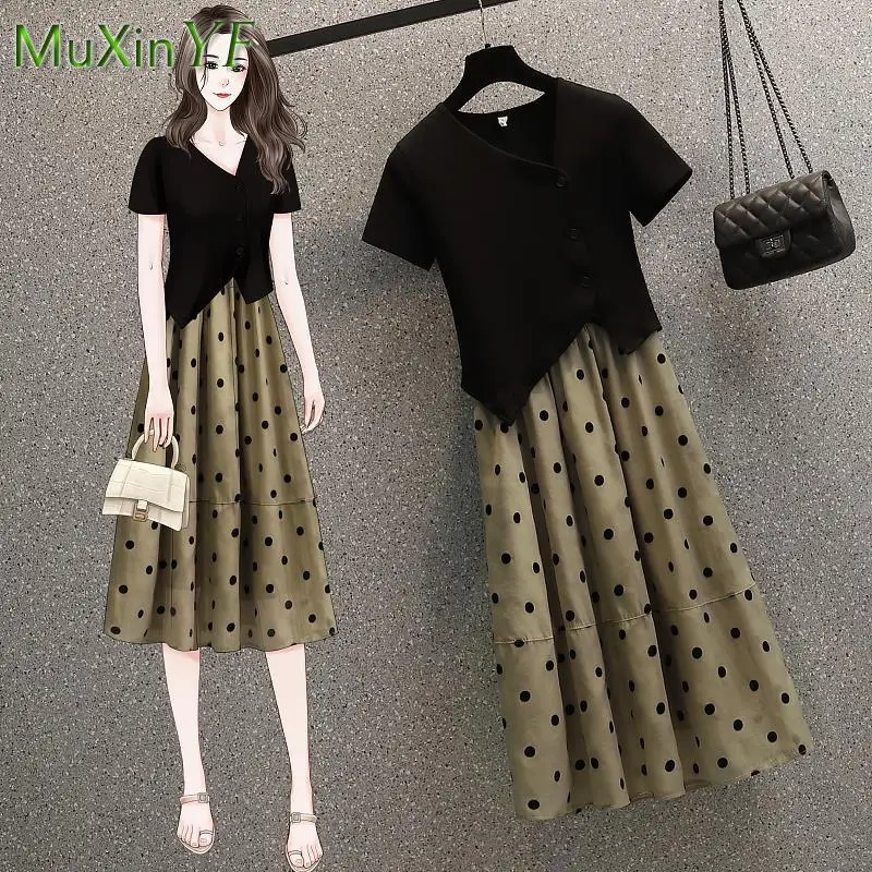 Women's Fashion Suit 2022 Summer New Irregular Top T-Shirt + Polka Dot Midi Skirt Two-piece Korean Elegant Short Sleeve Set