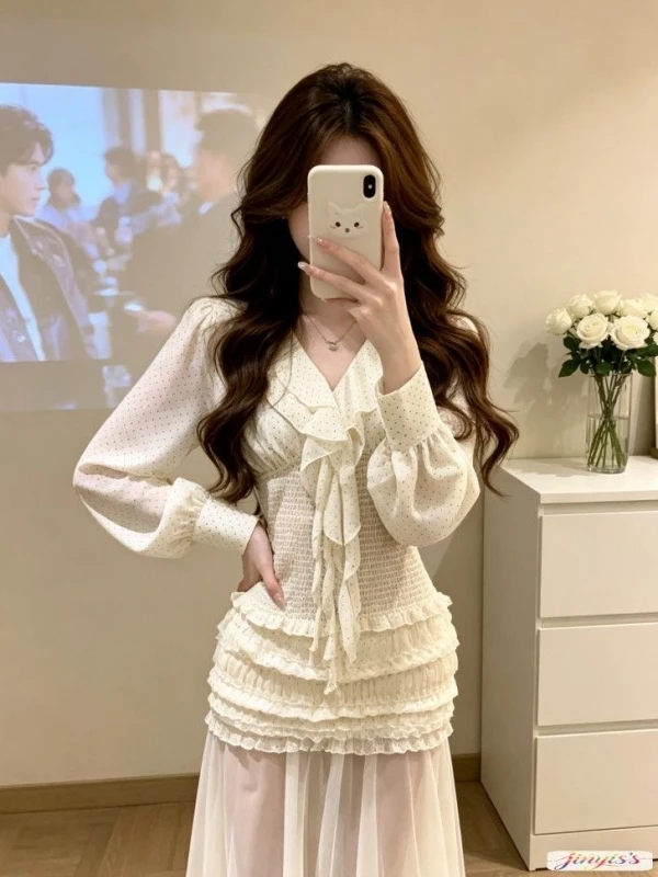 

Korean Style Commute Shirt And Skirt Set Spring Summer New Plaid Net Long Dress Two Piece Women's Fashion Outfit V Neck Zipper