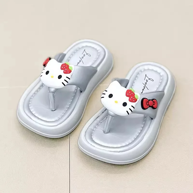 

Детские тапочки Hello Kitty, модные летние шлепанцы для детей, нескользящие домашние тапочки с мягкой толстой подошвой, серебристые, размер 26-36