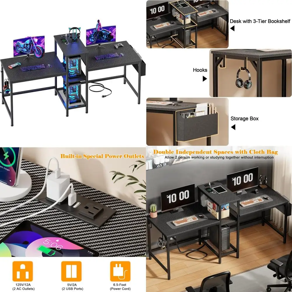 71 Inch Gaming and Study Desk with Power Outlets, Storage Bag, and Headphone Hooks for Optimal Computer Setup