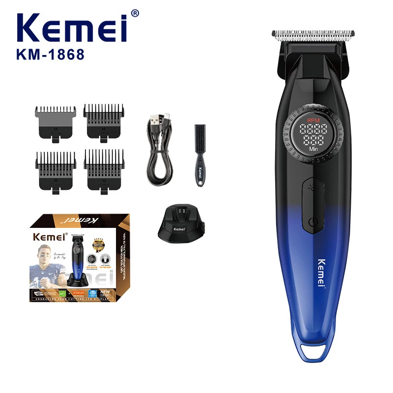 

Профессиональный триммер для волос для мужчин, лезвие DLC с нулевым зазором, цельнометаллическое с базовым зарядным устройством, машина для отделки ЖК-дисплеем Kemei KM-1868