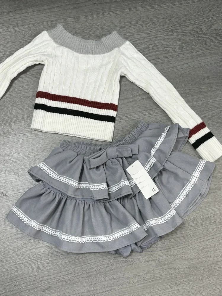 Retro College Style Gray Knit 2 Piece Set Women Sweet High Street Skirts Sets Female Off Shoulder Sweater + Bow Mini Skirt Suit