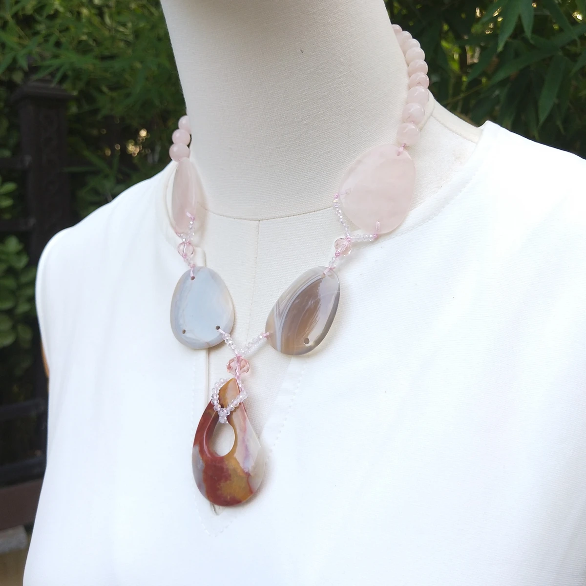 Lii Ji Real Stone Rose Quartz Red Jasper Agate Necklace 50cm Stock Sale Women Jewelry Gift