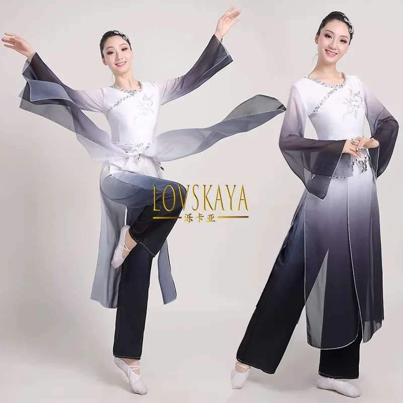 Cinese Feng Shui Ink Dance danza classica Performance Costume Costume etnico femminile pratica Costume Fan Dance