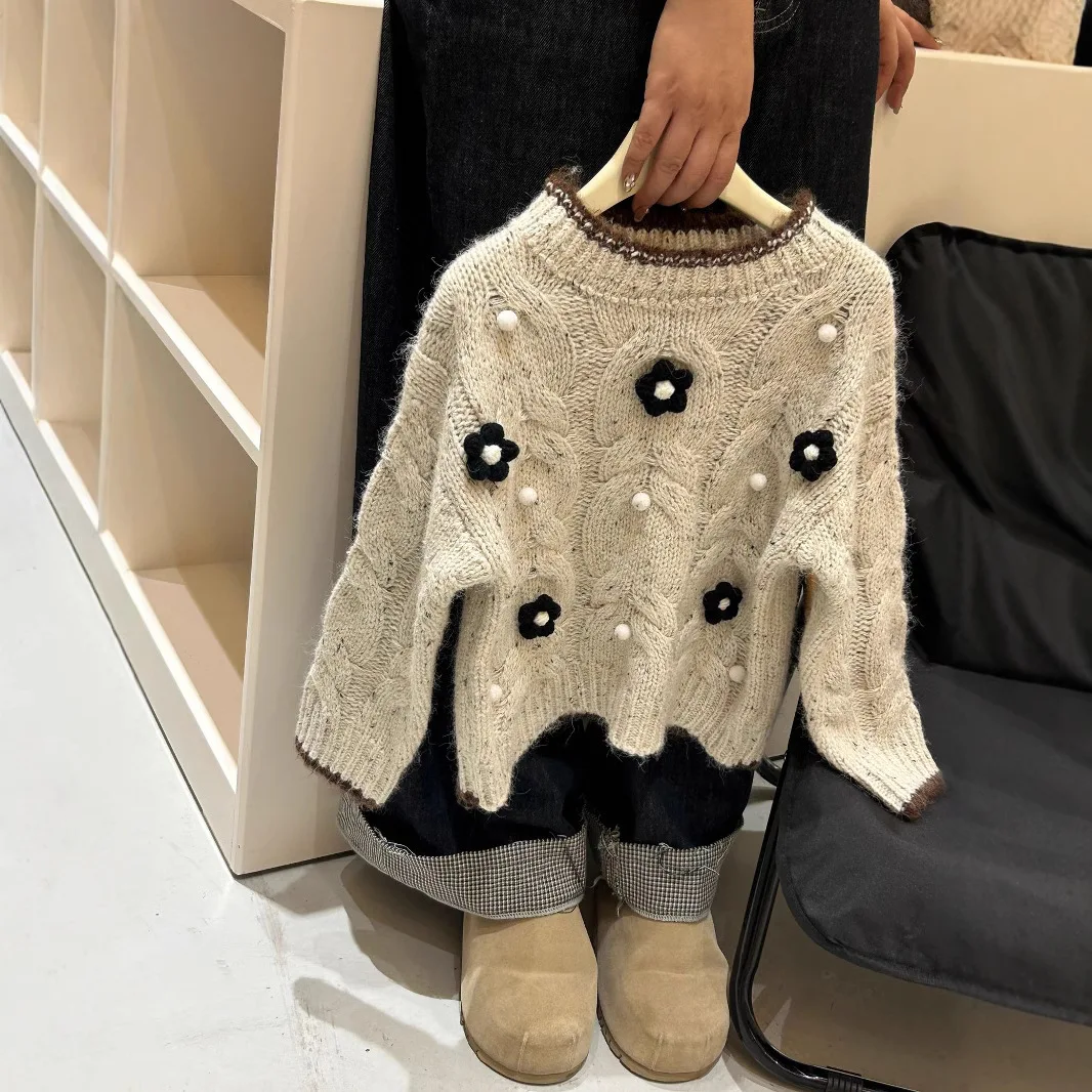 Girls Sweater 2024 Children Korean Version Flower Crewneck Sweater Girl New Autumn and Winter Lazy Everything Knitted Twist Top