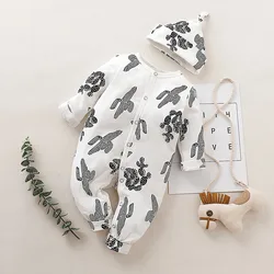 2PCS Newborn Baby Boy Fashion Jumpsuit Cactus Long Sleeve Bodysuit+Hat Spring&Autumn Romper for Infant Boy 0-18 Months