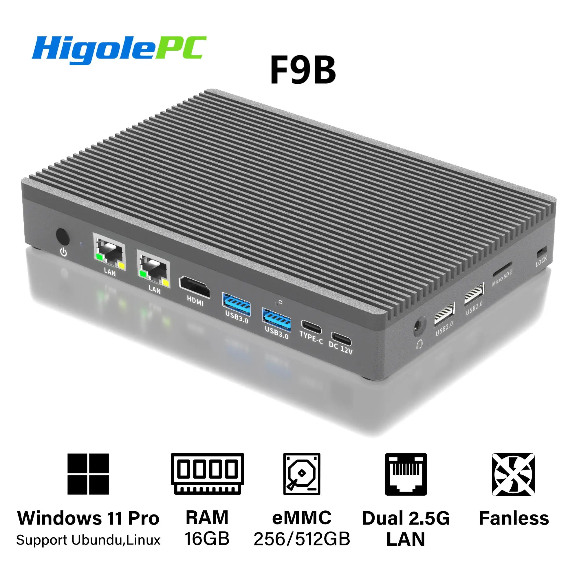 

Higole F9B N100 Fanless NAS Mini PC Windows 11 Pro WiFi5 BT5.0 16GB RAM 256/512GB eMMC Tablet Dual 2.5G LAN 4K Desktop Computer