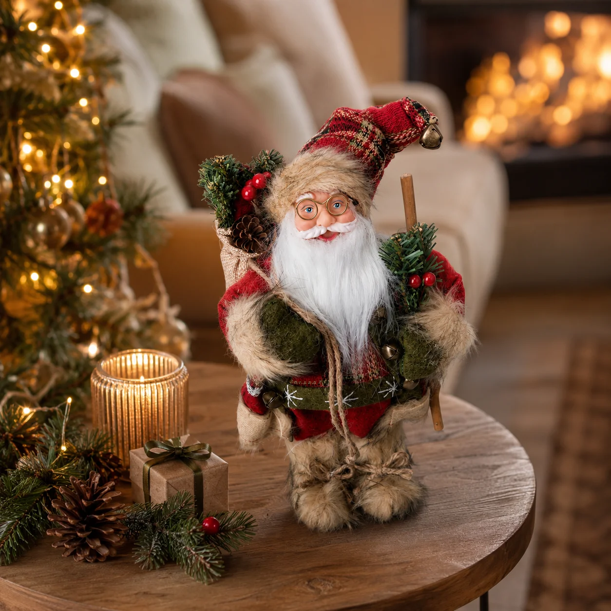 Christmas Santa Claus Figurine 30cm, Vintage Santa Statue with Faux Fur Trim Pine Branch Burlap Sack for Xmas Home Decor