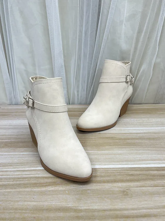 

Faionable Pure Color Belt Bule Side Zipper ort Boots for Women Spring Autumn High Heel round Toe Ankle Boots