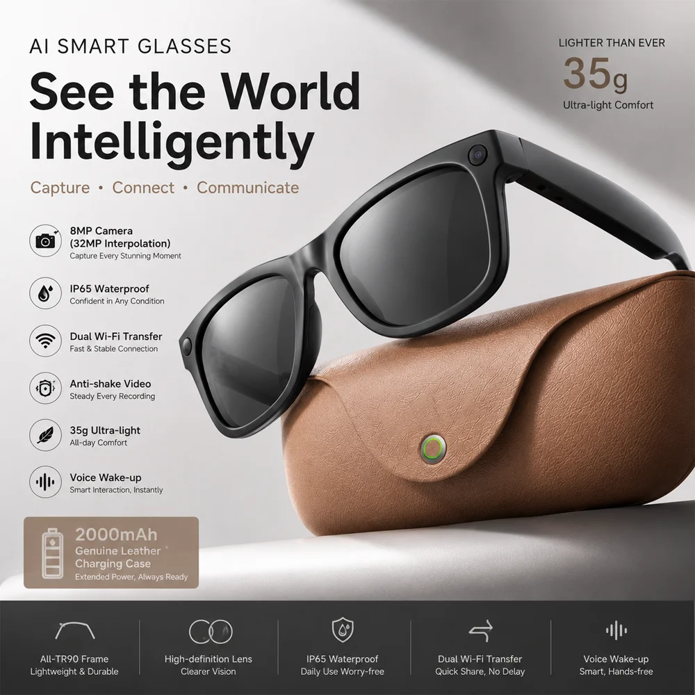 

Genuine Leather 2026 Smart Glasses 2000Mah Charging Case 8MP HD Lens AI Translation AI Voice Wake-up 3D Music BT Call