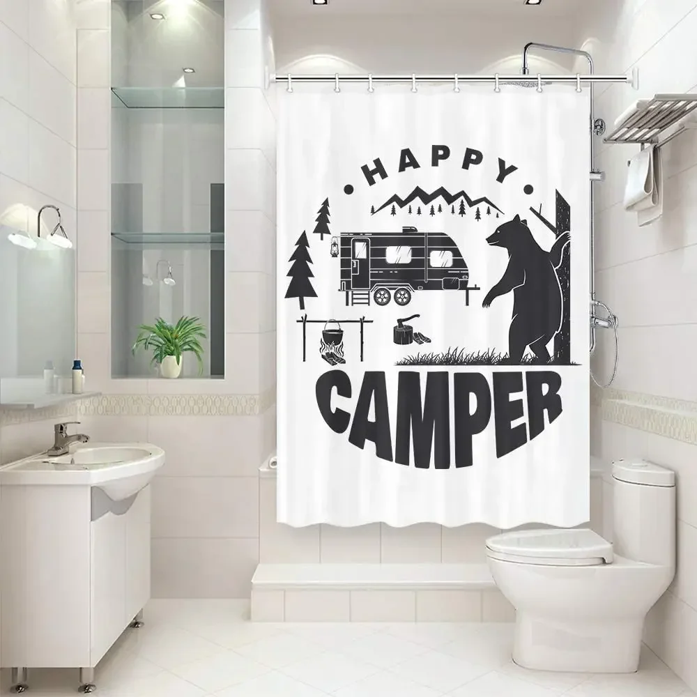 Shower Curtain for Camper Trailer Camping Bathroom Camping Trailer Bear Campfire and Forest Silhouette Bathtub Screen with Hooks