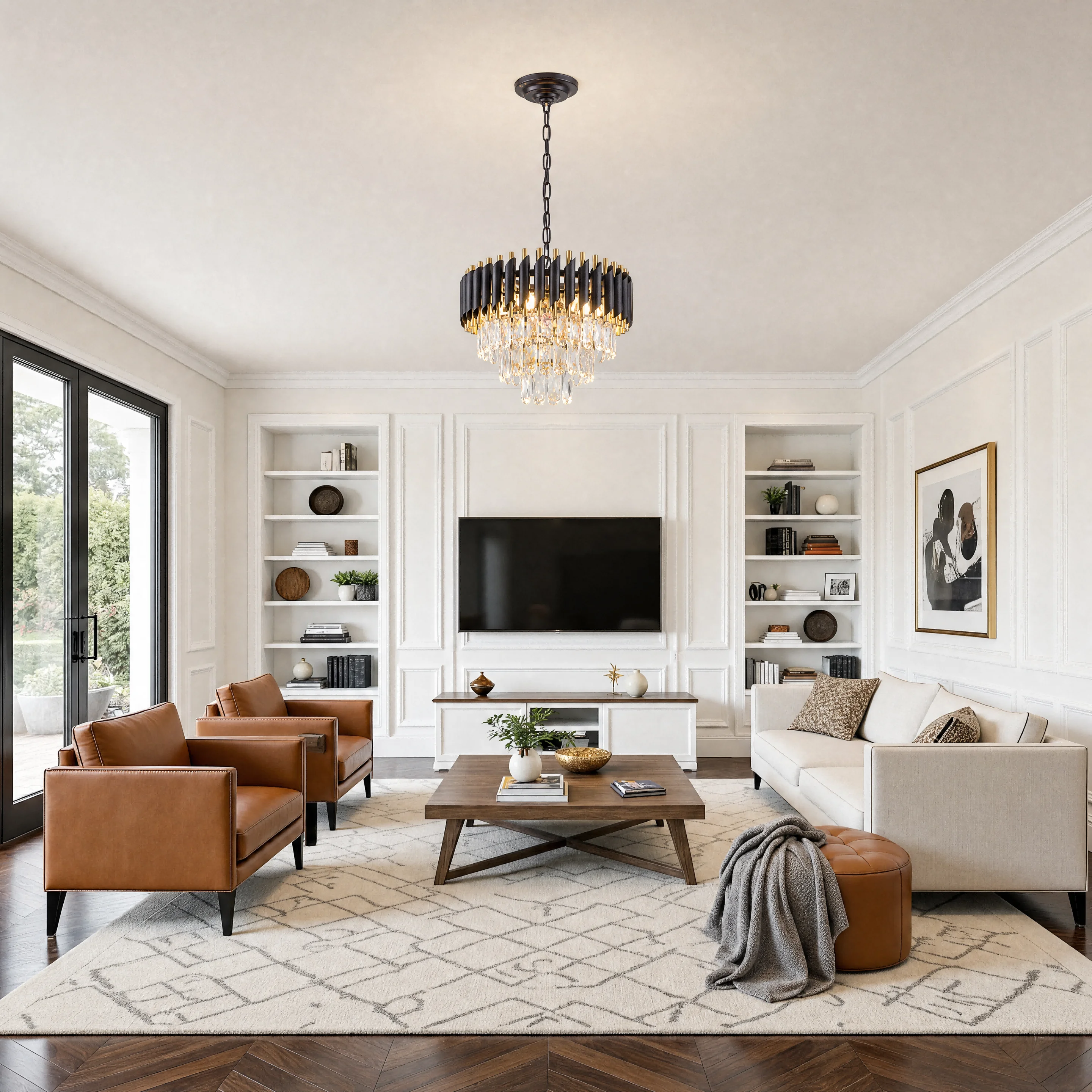 Modern Black and Gold Crystal Chandelier, Luxury K9 Crystal Dining Room Chandelier Light Fixture, Adjustable Chain Hanging Pendant Ceiling Light for Living Room Bedroom Foyer Entryway Kitchen Island Hallway