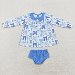 Wholesale Children Long Sleeves Tops Blue Cotton Bummie Shorts  Infant Baby Girl Toddler Bows Set Kids Two Pieces Outfit