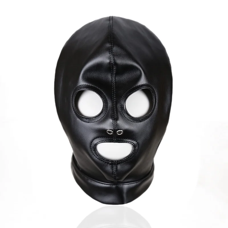 Adult Sexy Black PU Leather Head Bondage Hood Mask Men Cosplay Party Costume Head Cover Zipper Open Eyes Nightclub Accessories