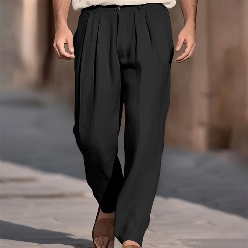 

Men’s Wide Leg Pants Drawstring Mid Waist Pleated Front Long Pants Casual Beach Pants